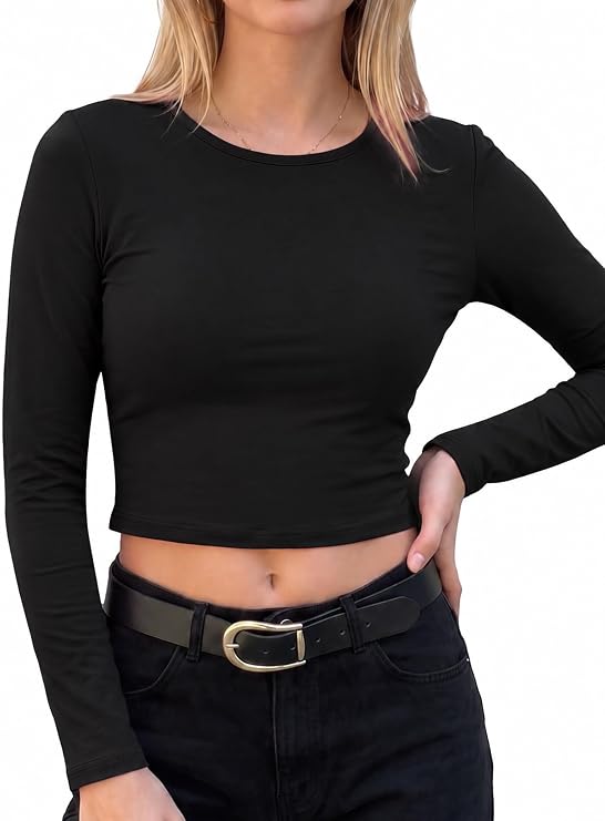 Womens Long Sleeve Crop Top Scoop Neck Sexy Slim Fitted Casual Base Layer Lightweight Soft Workout Shirt Going Out Tops