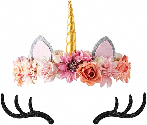 Treetopia Unicorn Christmas Holiday Tree Topper Kit, Pastel Flower Crown with Gold Light-Up Horn, Felt Ears & Eyelashes, Clip-On Holiday Tree Decoration, Festive Indoor Decor