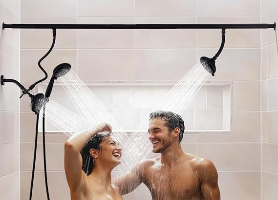 Dual Shower Head for Couples, High Pressure and Adjustable Multimodal Tandem Shower Head System for Two People Rod, Modern Bathroom Upgrade, Birthday Gift for Women and Men (Matte Black)