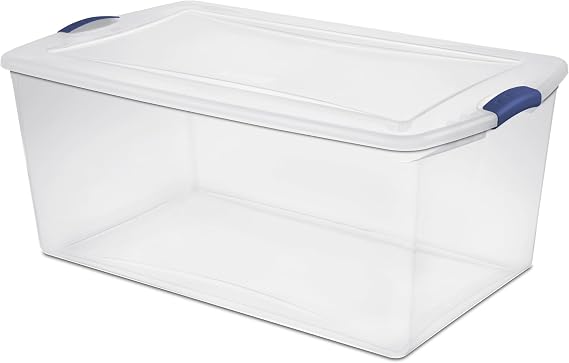105 Qt. Plastic Storage Bin with Durable Lid, Stackable and Nestable Clear Tote Container Featuring Blue Buckles, Ideal for Organization and Storage Purposes (1-Pack)