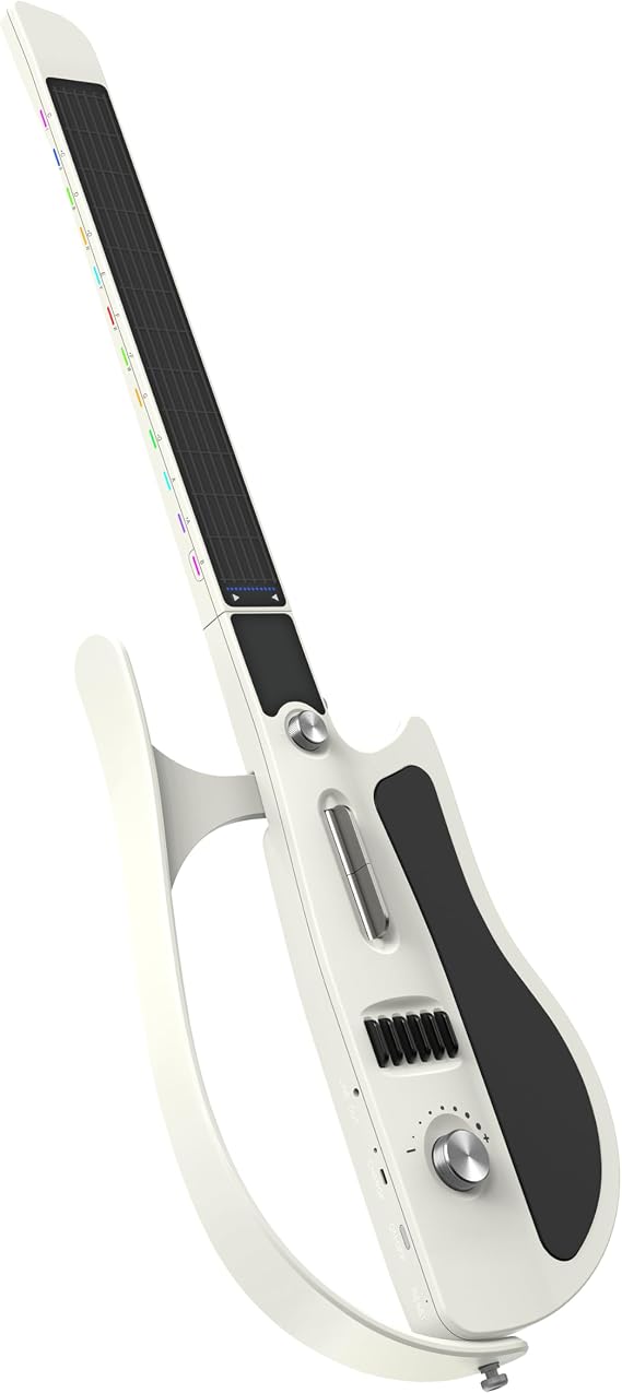Smart Guitar Stringless Portable and Foldable with App Control Chord Generator Built-in Drum Machine and Speakers 100 Tones for Beginners and Bands MIDI White