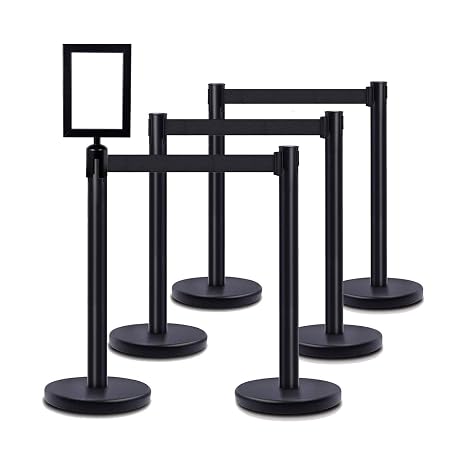DuraSteel Crowd Control Barriers Stanchions with Retractable Belts & Sign Holder - Metal Stanchion Posts w/ 6.5ft Black Retractable Barrier Belt Ropes - Queue VIP Safety Line Dividers - Set of 6 Poles