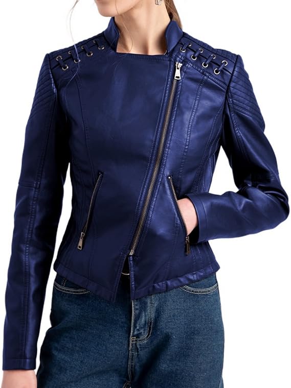 Lu's Chic Women's Motorcycle Jacket Fashion Dressy Vegan Leather Biker Coat Light Slim Fit Crop Blazer Moto Jacket