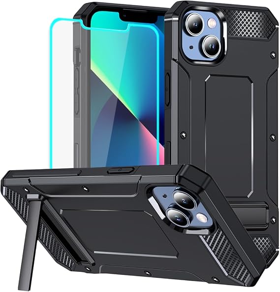 HNHYGETE for iPhone 13 Case with Screen Protector, Rugged Heavy Duty Drop Protection Defender Back Cover for iPhone 14 (Black)