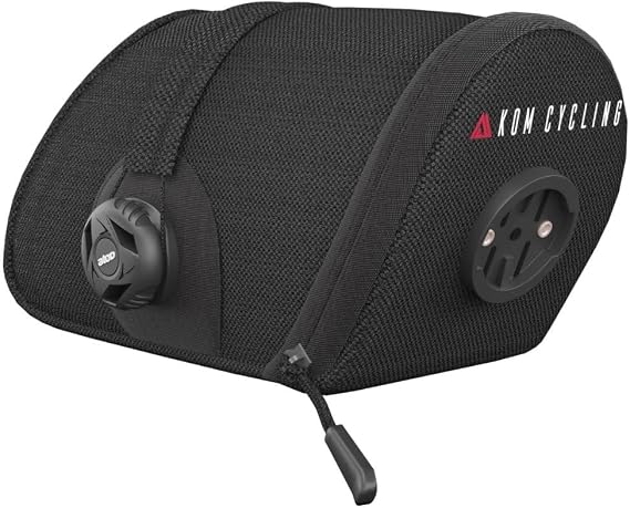 KOM Cycling Saddle Bag - Bike Saddle Bag to Carry Multi-Tool, Tube, Tire Levers, Securely Under Bike Seat Featuring for Garmin Varia Mount, ATOP Lacing Dial, and Inner Pocket for Apple AirTag.