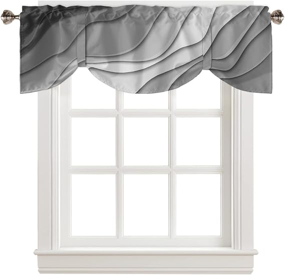 Black Grey Ombre Tie Up Valance Curtains for Windows, Modern Geometric Grey Kitchen Curtains Window Treatments, Abstract Art Aesthetic Short Window Shades Valances for Bedroom Bathroom Cafe 54"x18"
