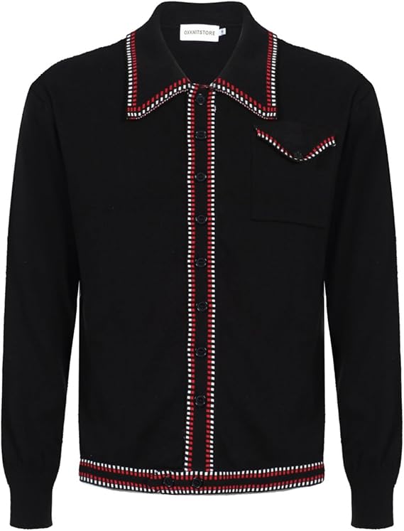 OXKNIT Men's Knit Polo Shirts Full Zip 1960s Style Retro Long Sleeve Cotton Black Cardigan Sweater with Pocket