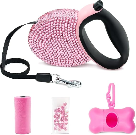 Pink Rhinestone Bling Retractable Dog Leash for Small Dogs, Pet Cat Leash | 10ft One-Button Lock Flat Ribbon Tape, 360 Tangle-Free Small Dog Leash with Waste Bags Dispenser for Small Pet up to 25 lbs