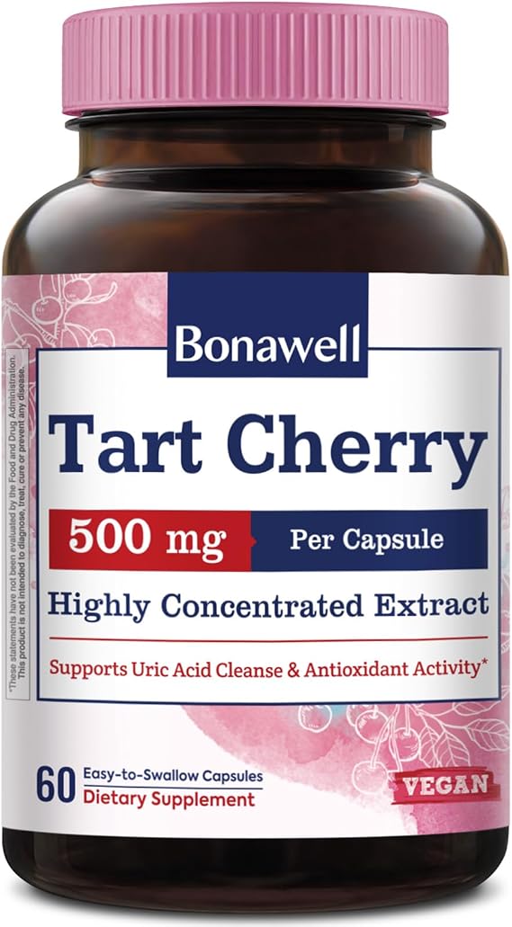 Tart Cherry Capsule, 500mg Extract Per Capsule, 60 Capsules | Made from Montmorency Tart Cherries, Powerful Uric Acid Cleanse, Antioxidant Support, 2 Month Supply