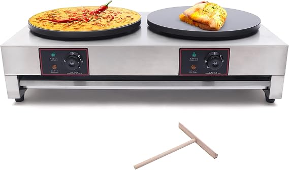 Commercial Electric Crepe Maker Pancake Machine for Tortilla, Blintzes, 16" 3400W Double Crepe Maker with Adjustable Temperature Control and LED Indicator Light, Includes Wooden Spatula