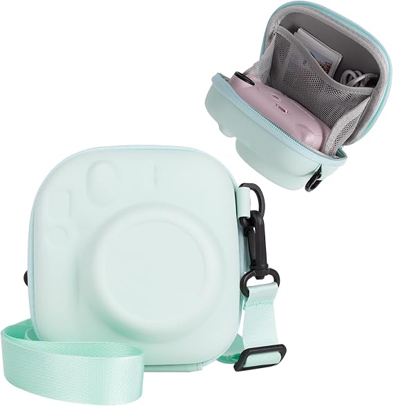 Hard EVA Storage Case Compatible for Instax Mini 13/12/11/99/90/70/40/SE/7+ Instant Camera, Mini Instant Camera Protective Carrying Bag with Adjustable Shoulder Strap - Mint Green