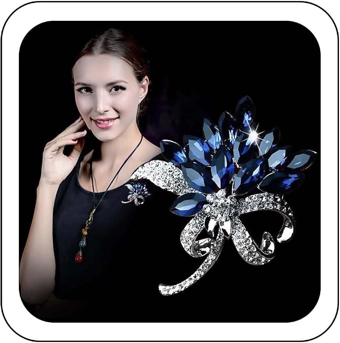 Rhinestone Flower Brooch Pin Sparkly Blue Crystal Floral Brooch Classic Wedding Bridal Corsage Bouquet Lapel Pin Vintage Scarf Shawl Clothing Accessories Jewelry for Women Girls