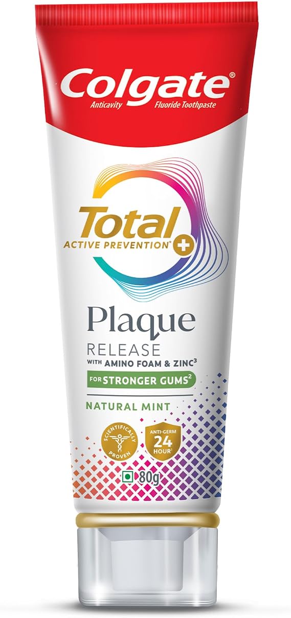 Colgate Total Plaque Release Toothpaste | Tooth Paste with Amino Foam & Zinc | Colgate Paste Toothpaste for Stronger Gums | 3X More Effective at Fighting Plaque - Natural Mint (80gm)(2.8 Ounce)