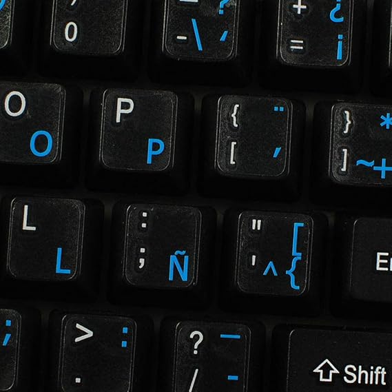 Spanish (Latin American) Keyboard Labels Layout ON Transparent Background with Blue, Orange, RED, White OR Yellow Lettering (Blue)
