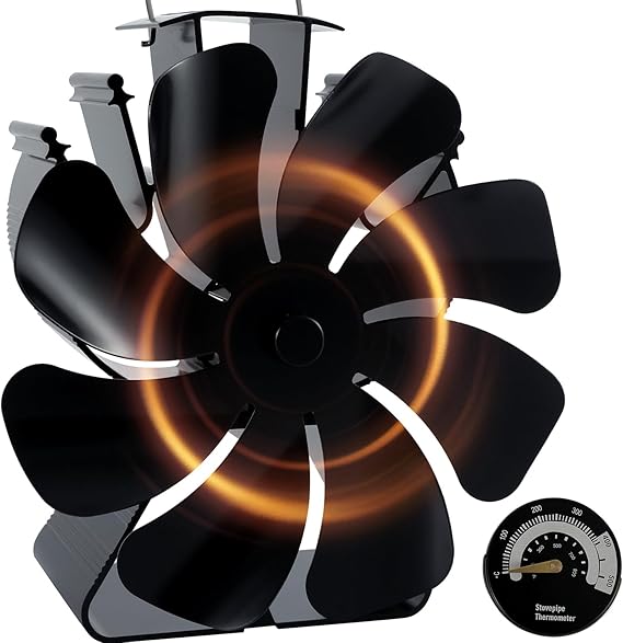 8 Blades Log Burner Stove Fan with Thermometer Heat Powered Wood Burner Fireplace Fan Triangle Base Fire Fans for Fireplace/Log Burner/Wood Burning Stove