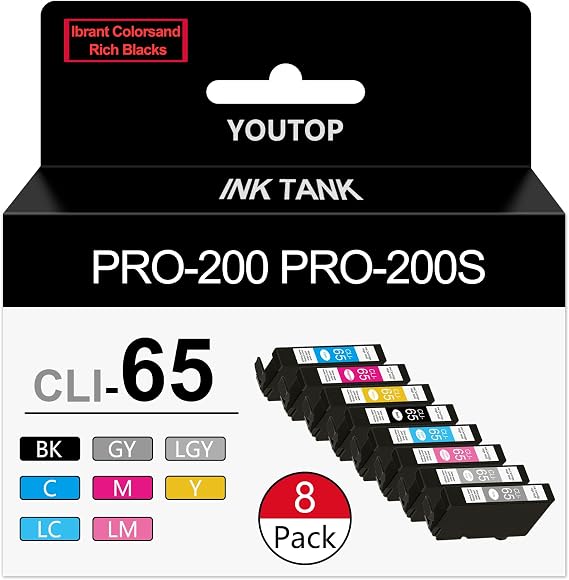 8 Pack CLI-65 CLI65 Ink Cartridge Replacement for Canon PIXMA PRO-200 PRO-200S Professional Photographic Inkjet Printer