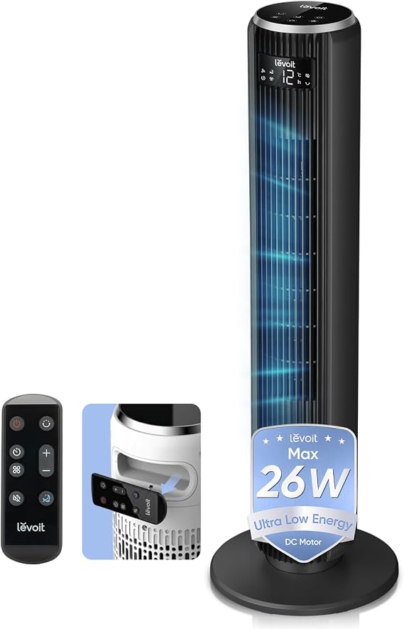 Levoit 20dB Silent Tower Fan, 5.5W-26W Energy Saving Fan for Bedroom & Home