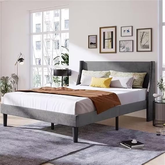 BTM Double Bed Frame, 4FT6-135x190cm Upholstered Double Bed with Winged Headboard, Velvet Grey with Wood Slat Support