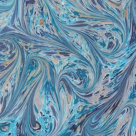 Handmade Italian Marble Paper- Teal Fantasy Pattern with Gold and Silver 19.5 x 27" Sheet