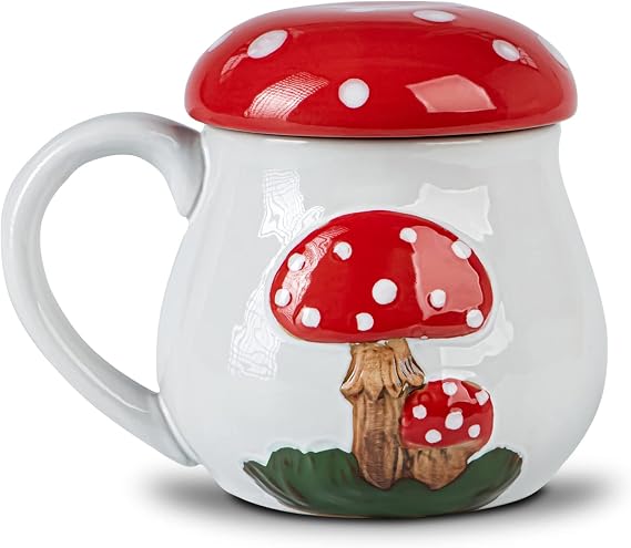 3D Mushroom Ceramic Coffee Mug with Lid 18 oz Large Cute Tea Cup White