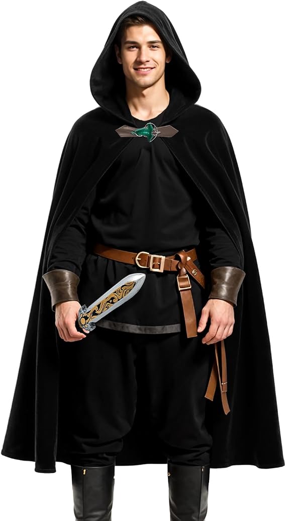 JIURUN 2026 NEW Halloween Costume Renaissance Cloak with Hood, Medieval Hobbit Hooded Velvet Cloak Cosplay Cape for Men Women