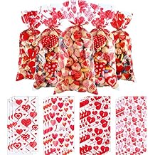 Blulu Valentines Treat Bags 100 Pcs Valentine Candy Cellphone Bag 4 Styles Plastic Heart Cookie Bags Gift with 200 Pieces Twist Ties for Party Supplies (100pcs,B Style)