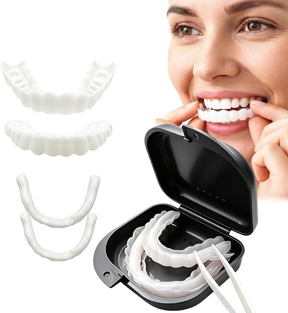 Adjustable Instant Temporary Veneers, Natural Upper Lower False Teeth Cosmetic Cover for Men Women, Black