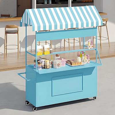 YVYKFZD Vending Iron Cart with Striped Canopy, Portable Cart with Wheels, Hot Dog Stand Market Stall Display Stand, Outdoor Vendor Carts, for StreetEventsBeachesBlue,120cm47.2