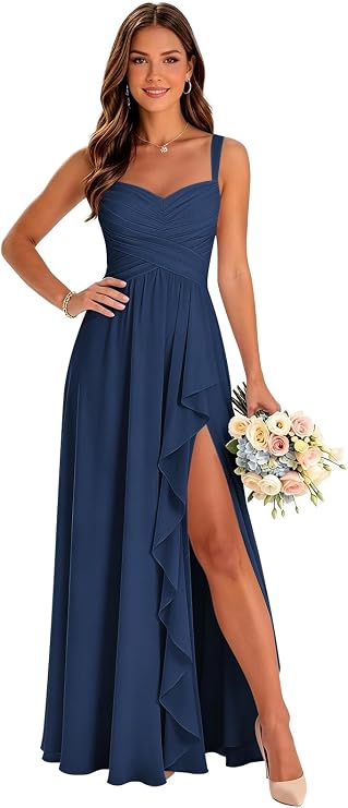 Women's Chiffon Bridesmaid Dresses Long A Line Ruffle Evening Formal Gown with Slit