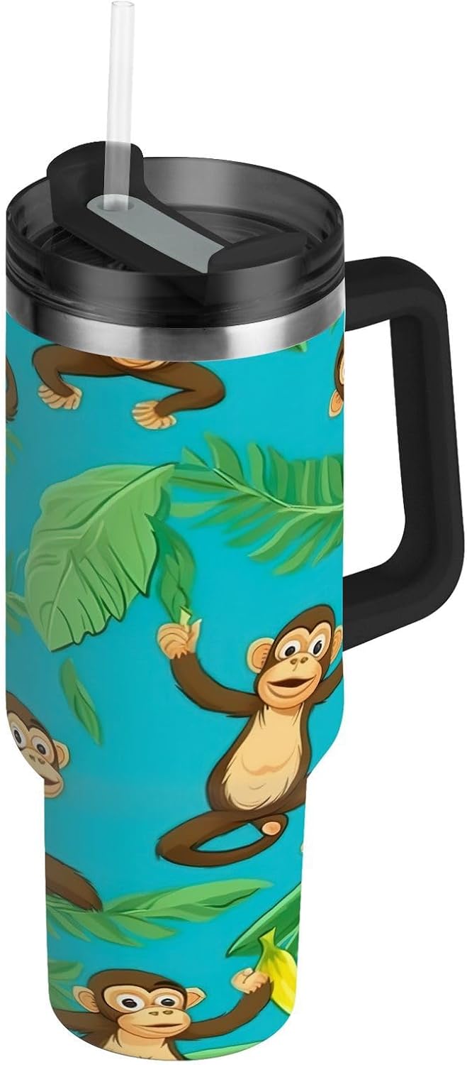YETTASBIN Monkey 30 oz Tumbler with Black Handle, Stainless Steel Vacuum Insulated Sports Water Bottle, Leak-proof Travel Coffee Mug Cup with Lid Straw for Water, Iced Tea or Coffee