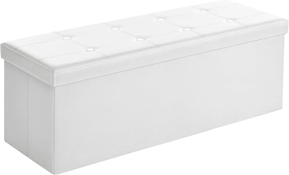 SONGMICS Tabure 120 Litre, Saklama Kutusu, Tabure, Katlanabilir, 300 Kg'A Kadar Yük, Sentetik Deri Kapak, Döşemeli, Beyaz Lsf702