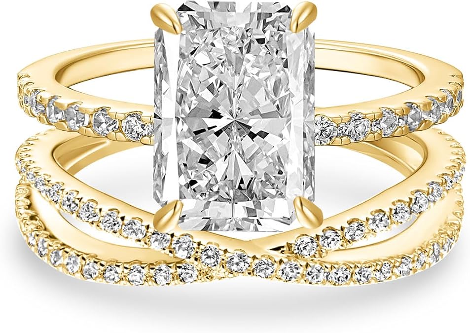 PAFIDDY 3.5CT Radiant Cut Engagement Ring Set for Women, S925 Silver X-Shaped Band 2-Piece Cubic Zirconia Bridal Wedding Ring Set