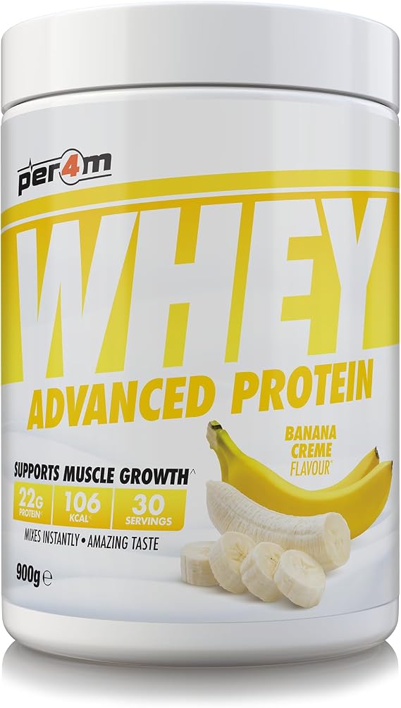 Per4m Whey Protein Powder | High Protein Shake for Muscle Growth & Recovery | Low Sugar Gym Supplement | Sports Nutrition Drink + Amino Acids (900g, Banana)