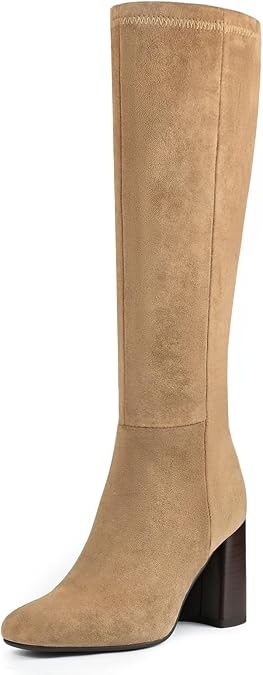 Women's Knee High Boots Faux Leather Square To Tall Boots Fashion Chunky Block Heel Long Boots with Side Zip