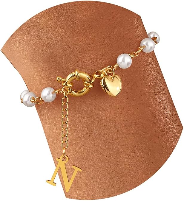 Vinswet Pearl Initial Bracelet for Women- Dainty Gold Letter heart Charm Pearl Beaded Bracelet Jewelry for Women, Bridesmaid Proposal Wedding Bride Party Bridal Shower Gift Valentine's Gift