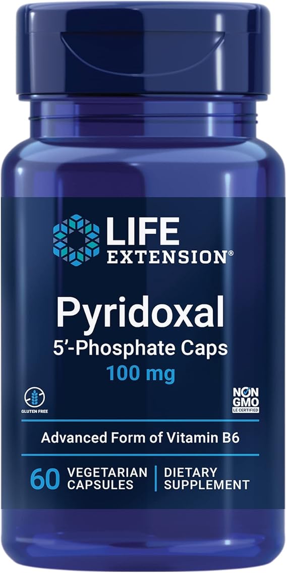 Life Extension Pyridoxal 5'-Phosphate CapsVitamin B6, 100 mg, Bioactive B6 for Cardiovascular, Kidney & Nerve HealthGluten-Free, Non-GMO, Vegetarian60 Vegetarian Capsules