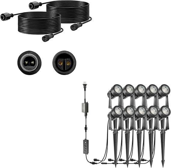 SUNTHIN 10 Pack Landscape Lighting with Dusk to Dawn Sensor Controller, Bundle with 2pcs 6.5FT Extension Cord