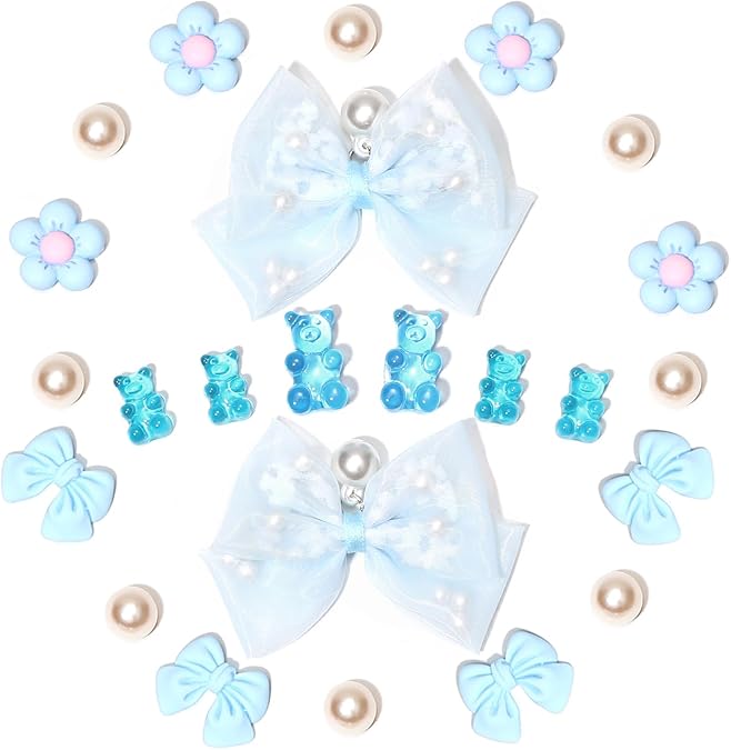 Yookuli 24Pcs Fabric Bow Shoe Charms, Cute Bears, Flower Pearl Charms Accessories for Sandals, DIY Shoe Decoration Charms for Girls, Party Favor