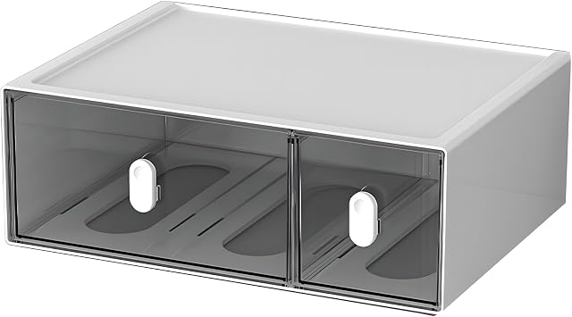 Desktop Storage Drawers, Plastic Desk Organizer with 2 Drawers, Modular Stackable Toolbox Units for Office Stationary, Makeup Container, Bathroom Countertop (Tall Layer, White & Clear)