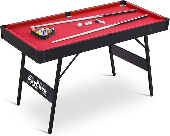 53 Inch Folding Pool Table with Built-in Ball Storage and Cue Clips, Freestanding Billiard Game Table Set for Family Game Room, Includes Cues, Balls, Chalk and Brush