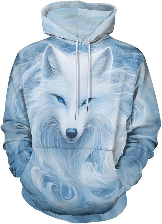 Men 3D Wolf Print Pullover Hoodies Teen Cool Animal Graphic Pullover Hooded Sweatshirt