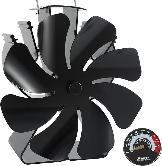 VODA Log Burner Fan 8 Blades Heat Powered Stove Fans Non Electric Fireplace Fan for Wood Burning Stove, Fireplace Accessories Thermometer