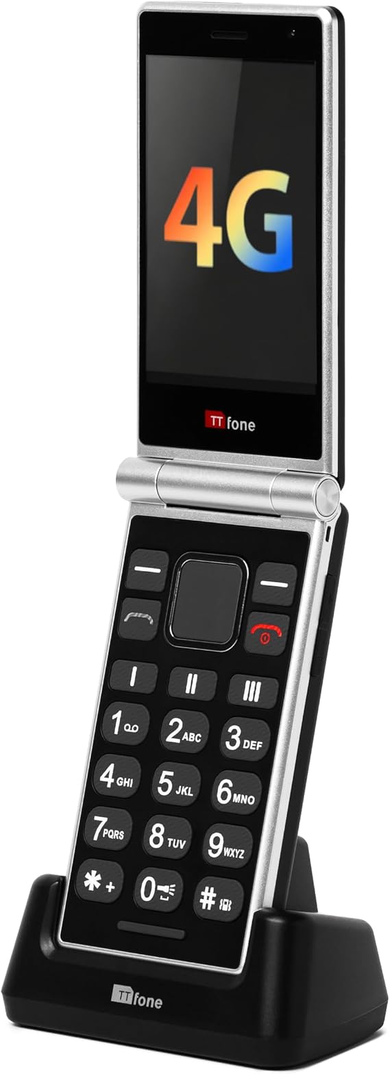 TTfone TT990 Simple Smartphone Flip Phone with 4G, WhatsApp & Dock Charger 64GB - O2 Pay As You Go
