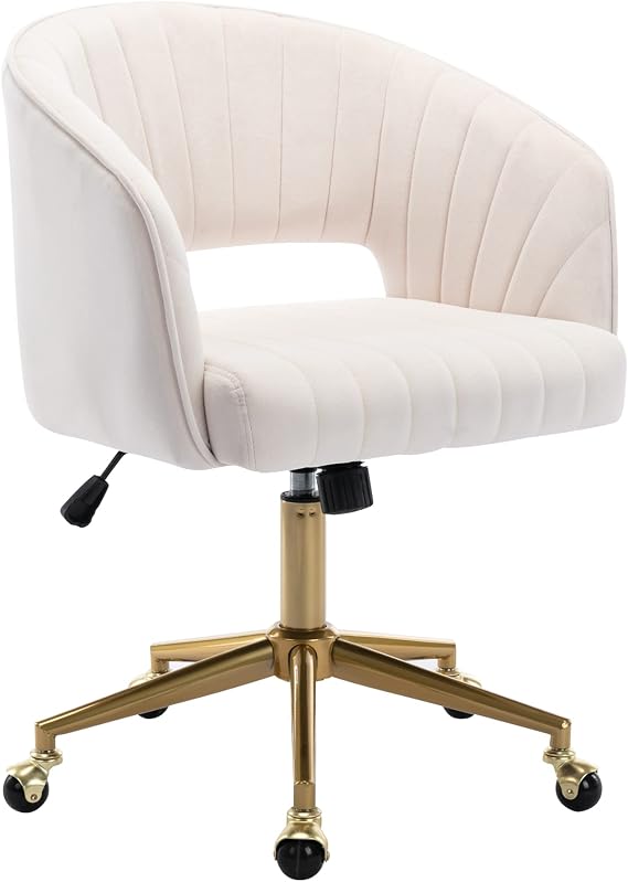 KCC Vanity Chair Velvet Desk Chair with Gold Base for Living Room,Cream | Accent Armchair Upholstered Modern Tufted Chairs for Girls Women Ergonomic Study Seat Computer Task Stools for Bedroom
