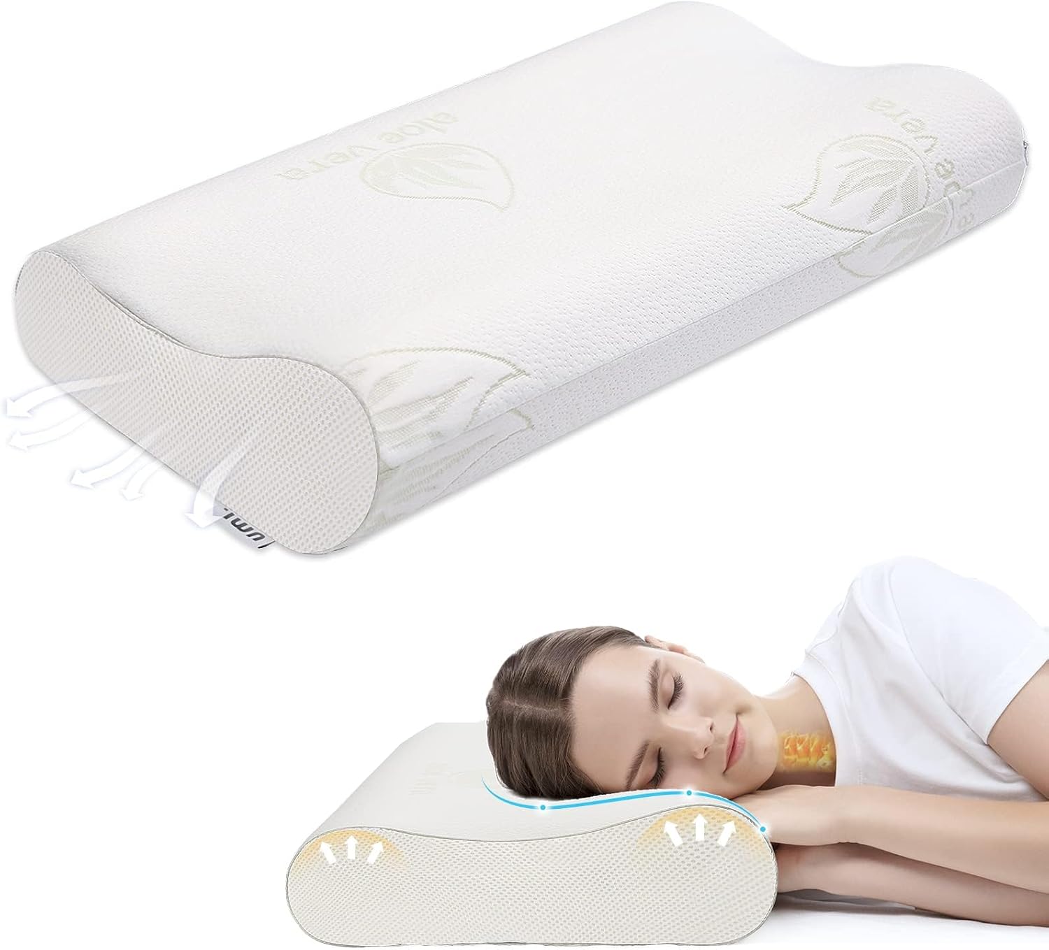 Umi Memory Foam Pillow Hypoallergenic Ergonomic Adjustable Contour Pillow with Washable Aloe Vera Cover, Orthopedic Pillow for Neck Pain Support 60x35x1311cm