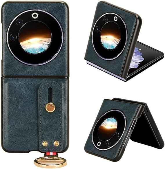 Compatible with Tecno Phantom V Flip 5G AD11 Cover,2 in 1 (PU leather + Shell) Wrist strap Camera Protection Shockproof Phone Case Blue