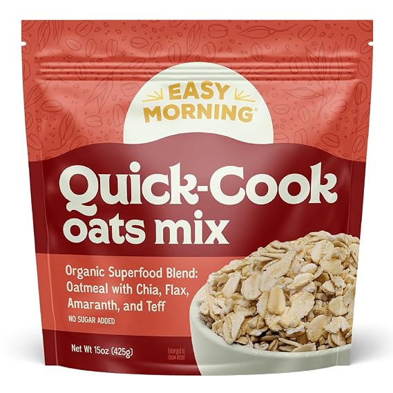 Easy Morning Quick Cook Oatmeal Mix, Organic Ingredients, Naturally Gluten-Free, No Sugar Added, Whole Grain Oatmeal Blend with Amaranth, Teff, Chia, and Flaxseed, 2 minute quick cook, 15 oz (10 servings)