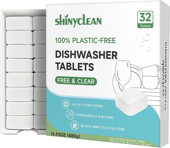 100% Plastic-Free Dishwasher Tablets, Free & Clear, 32 Count | All-in-One Dishwashing Pods, Enzyme-Powered for Stuck-On Food, Phosphate & Dye Free, Sparkling Shine