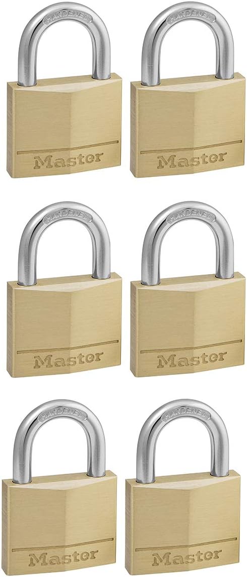 Master Lock 140EURSIX Pack of 6 Key Padlocks with Brass Body, Gold, 6 x 4 x 1.3 cm
