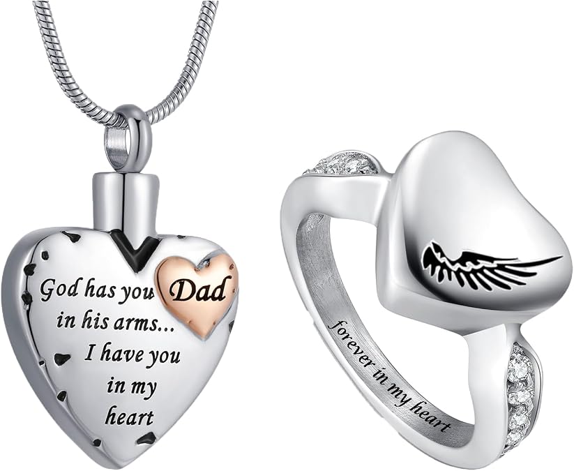 Heart Necklace and Rings for Ashes Stainless Steel Cremation Jewelry for Ashes